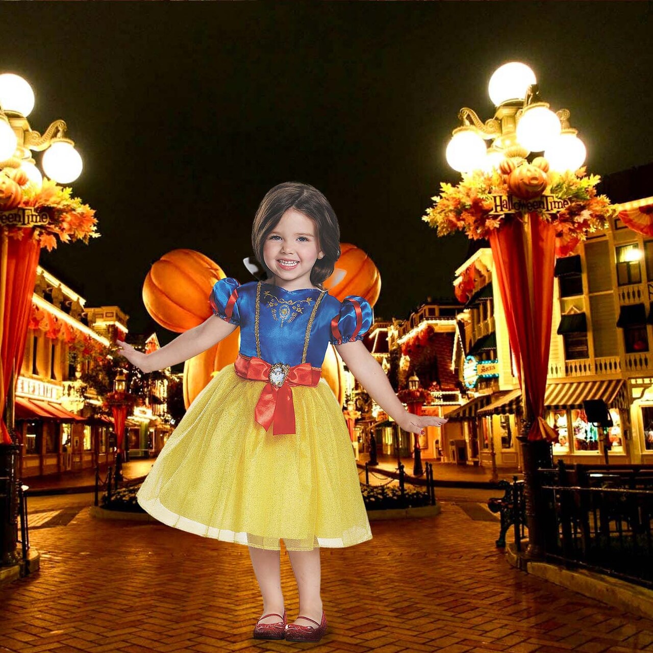 Girl's Disney Snow White Costume Yellow Blue Dress with Red Ribbon Trim
